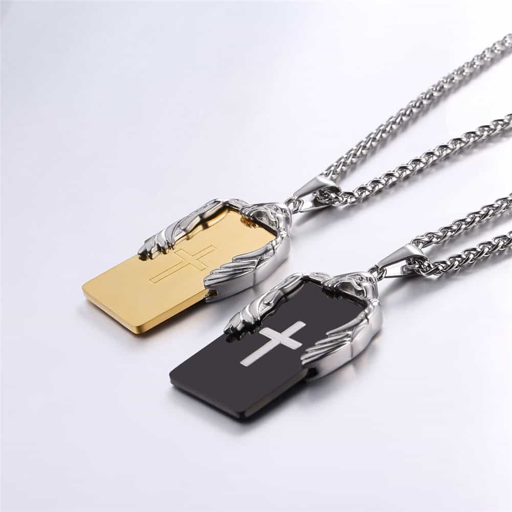 Christian Cross Necklace Dog Tag With Wing