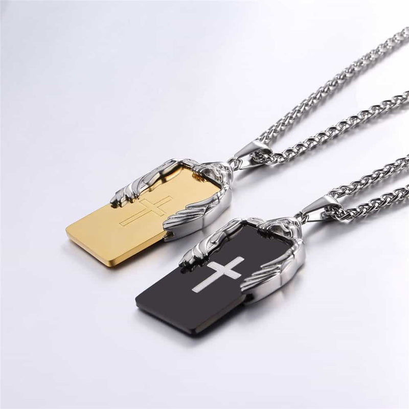 Christian Cross Necklace Dog Tag With Wing