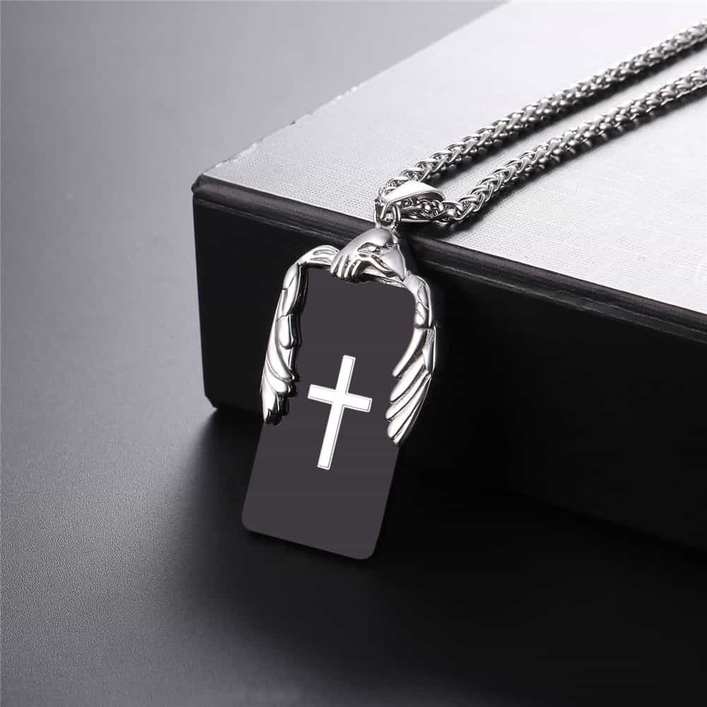 Christian Cross Necklace Dog Tag With Wing