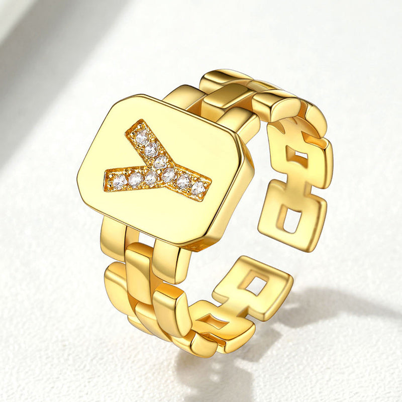 Cubic Zirconia Initial Letter Adjustable Chain Signet Rings for