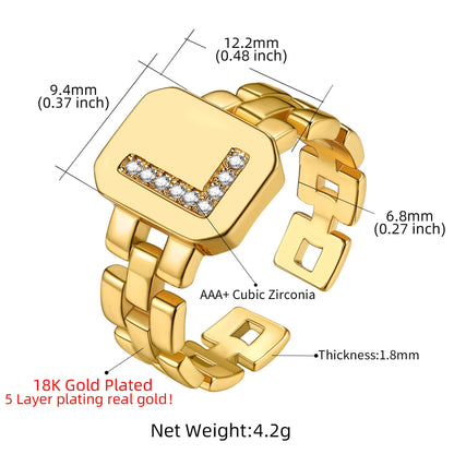 Cubic Zirconia Initial Letter Adjustable Chain Signet Rings for