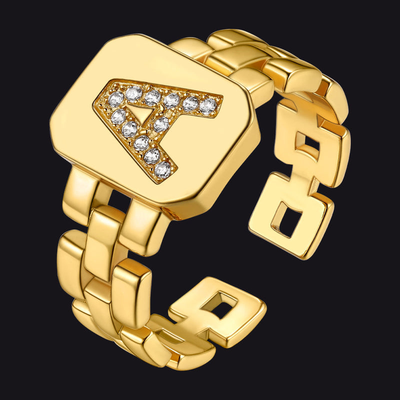 Cubic Zirconia Initial Letter Adjustable Chain Signet Rings for