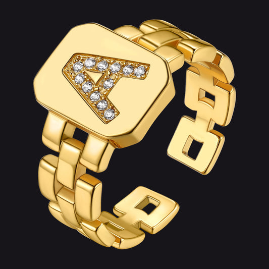 Cubic Zirconia Initial Letter Adjustable Chain Signet Rings for