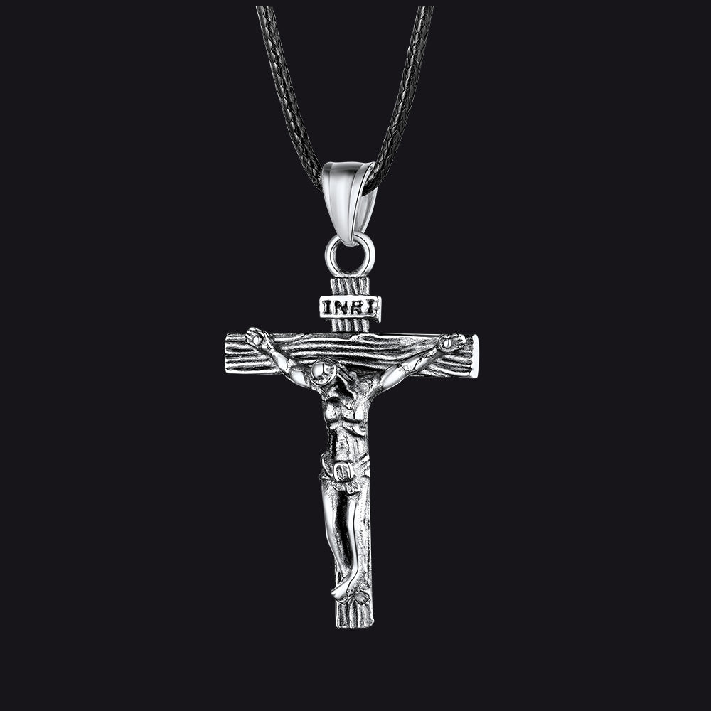 Jesus Crucifix Cross Braided Leather Pendant Necklace for