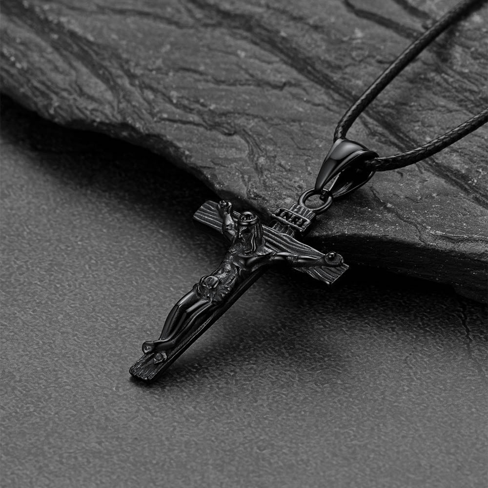 Jesus Crucifix Cross Braided Leather Pendant Necklace for