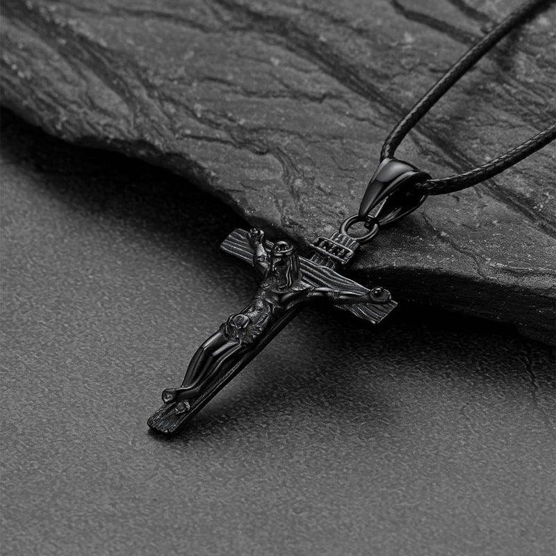 Jesus Crucifix Cross Braided Leather Pendant Necklace for