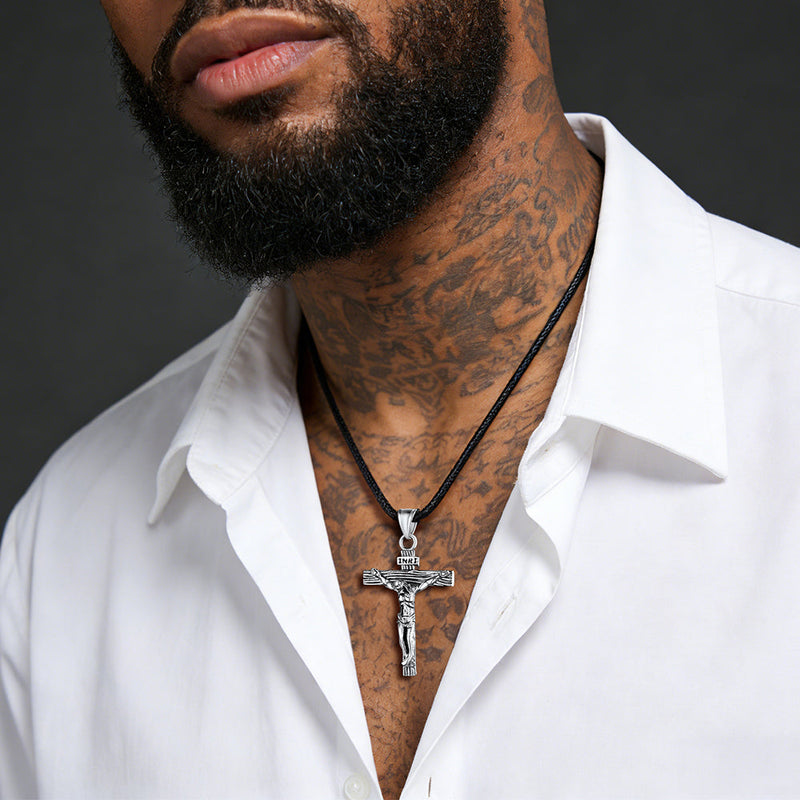 Jesus Crucifix Cross Braided Leather Pendant Necklace for