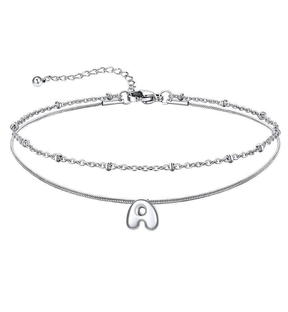 Layered Chain With Beads Bubble Initial Anklets for Mom Gift
