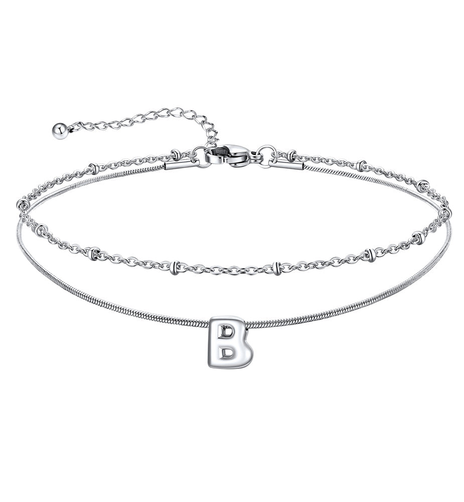 Layered Chain With Beads Bubble Initial Anklets for Mom Gift