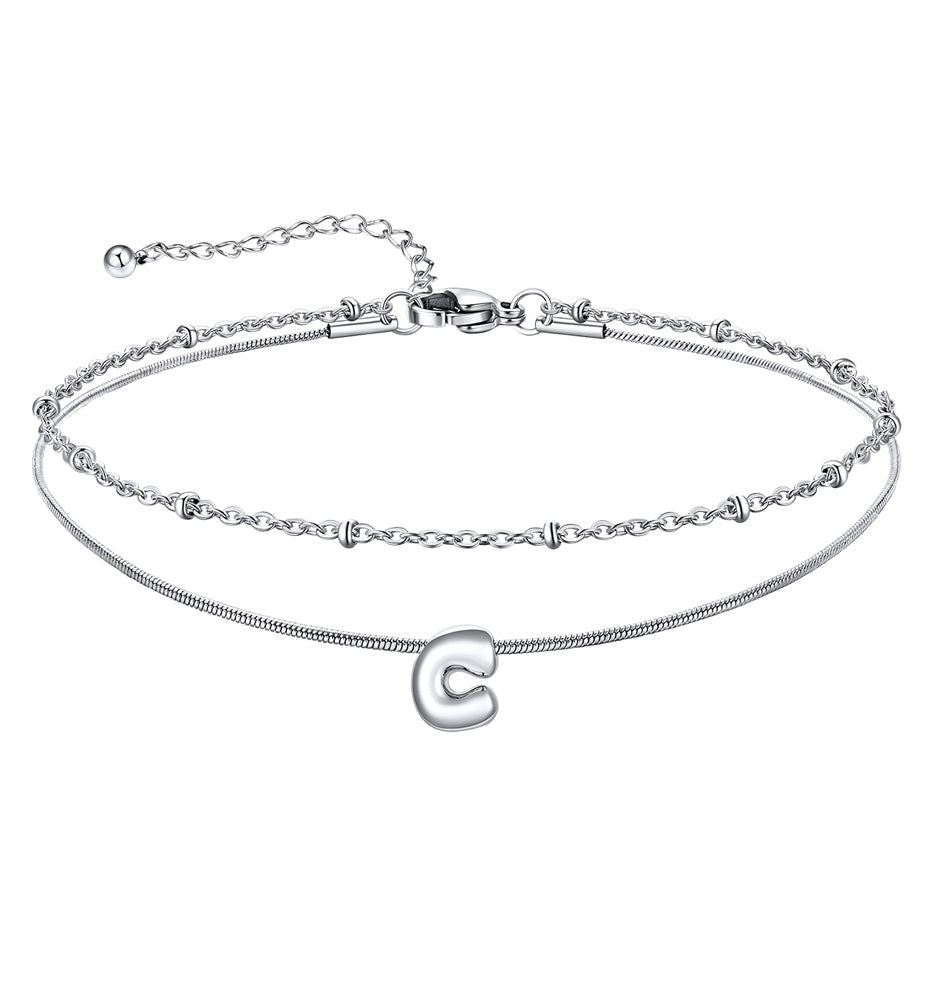 Layered Chain With Beads Bubble Initial Anklets for Mom Gift