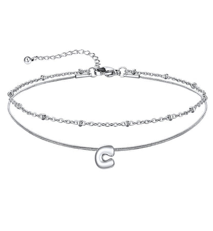 Layered Chain With Beads Bubble Initial Anklets for Mom Gift