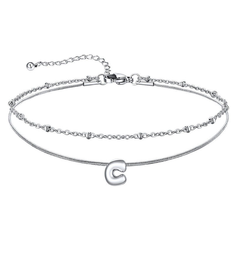 Layered Chain With Beads Bubble Initial Anklets for Mom Gift