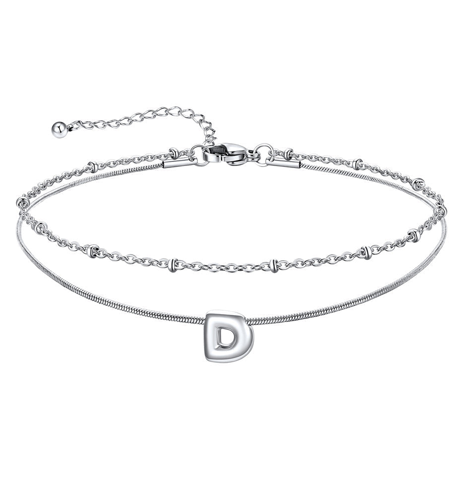 Layered Chain With Beads Bubble Initial Anklets for Mom Gift