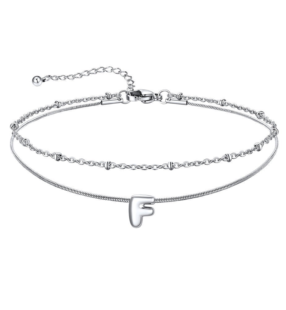 Layered Chain With Beads Bubble Initial Anklets for Mom Gift