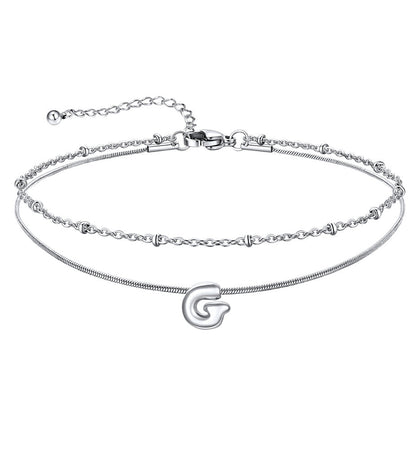 Layered Chain With Beads Bubble Initial Anklets for Mom Gift