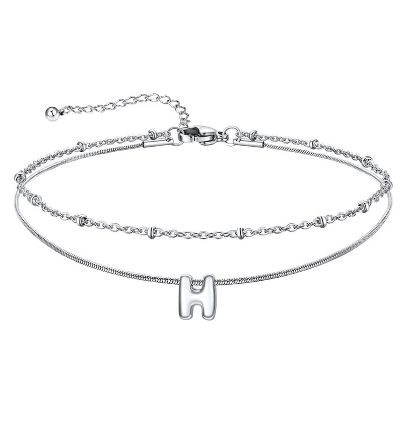 Layered Chain With Beads Bubble Initial Anklets for Mom Gift