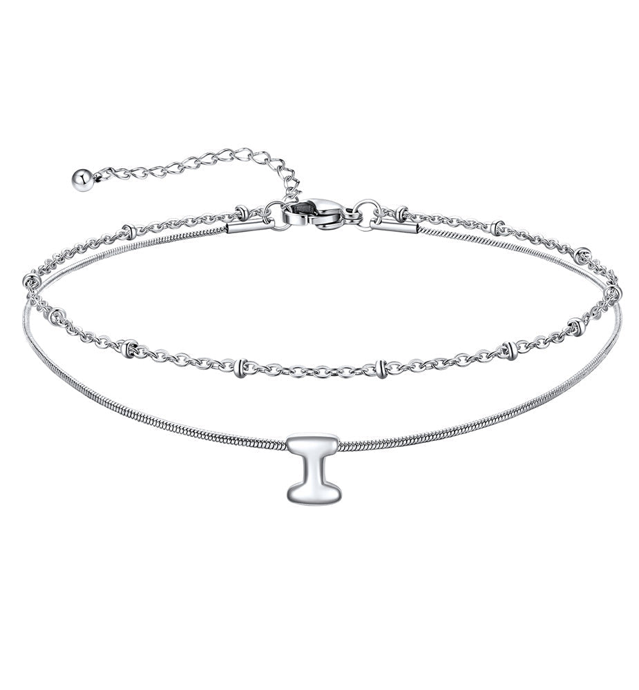 Layered Chain With Beads Bubble Initial Anklets for Mom Gift
