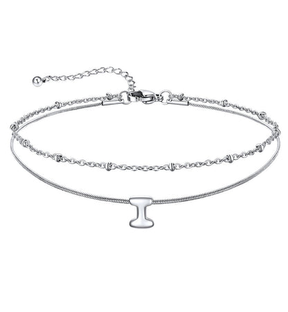 Layered Chain With Beads Bubble Initial Anklets for Mom Gift