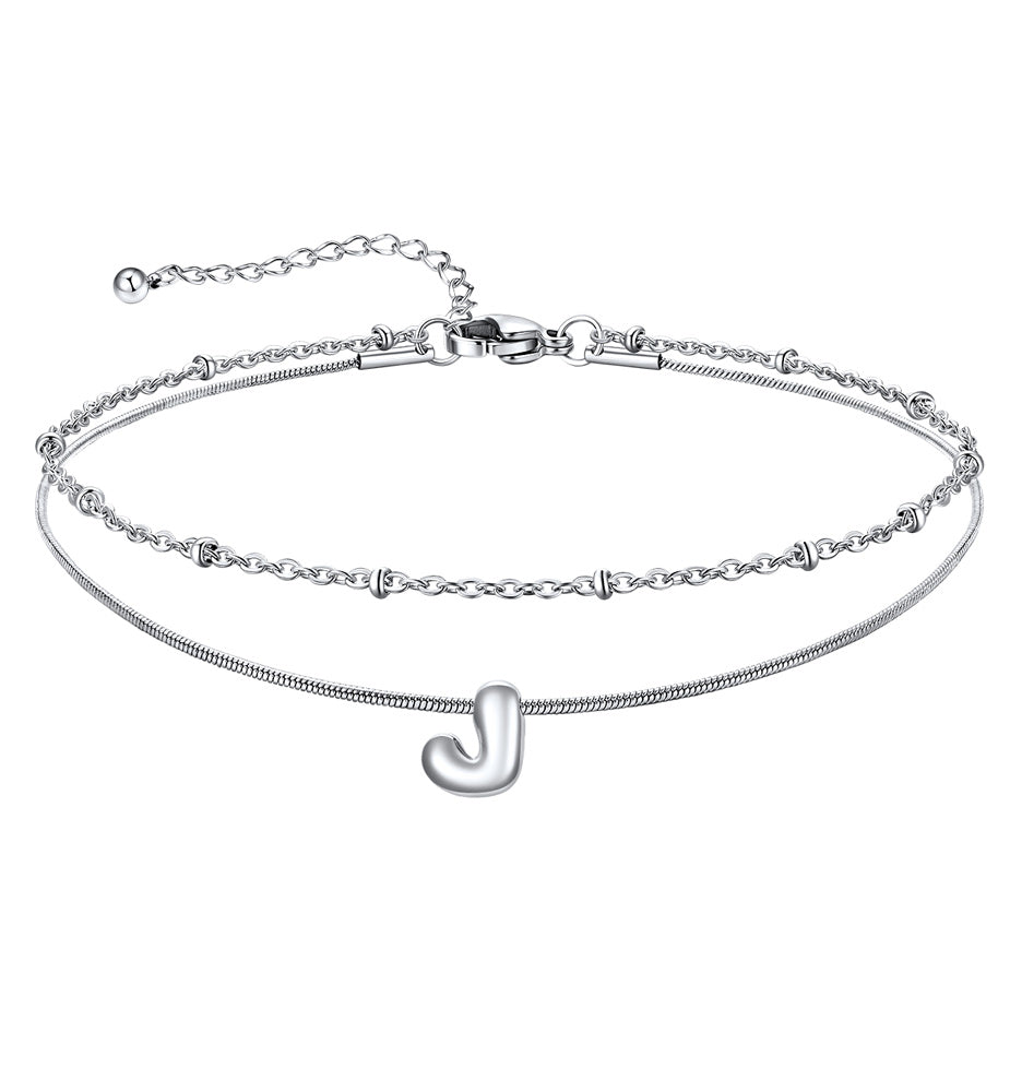 Layered Chain With Beads Bubble Initial Anklets for Mom Gift