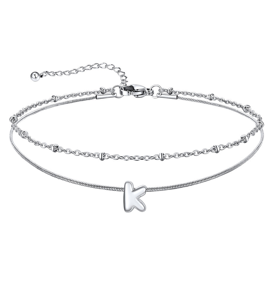 Layered Chain With Beads Bubble Initial Anklets for Mom Gift
