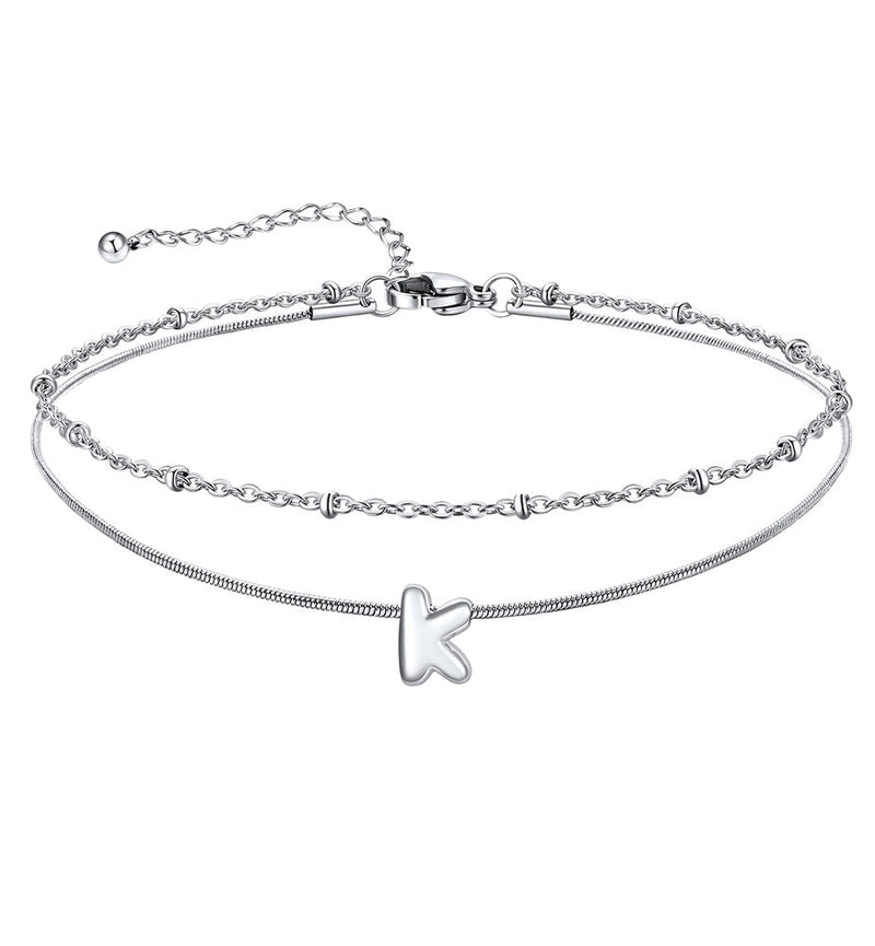 Layered Chain With Beads Bubble Initial Anklets for Mom Gift