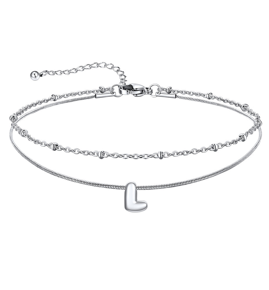 Layered Chain With Beads Bubble Initial Anklets for Mom Gift