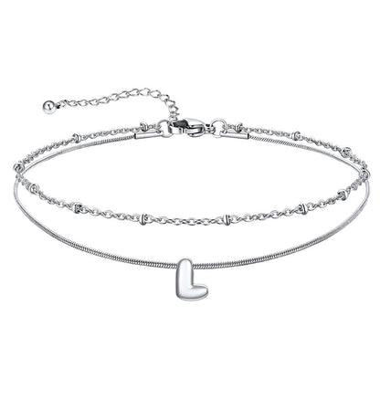 Layered Chain With Beads Bubble Initial Anklets for Mom Gift