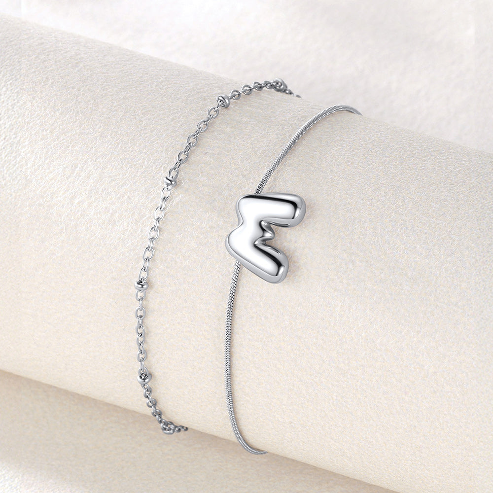 Layered Chain With Beads Bubble Initial Anklets for Mom Gift