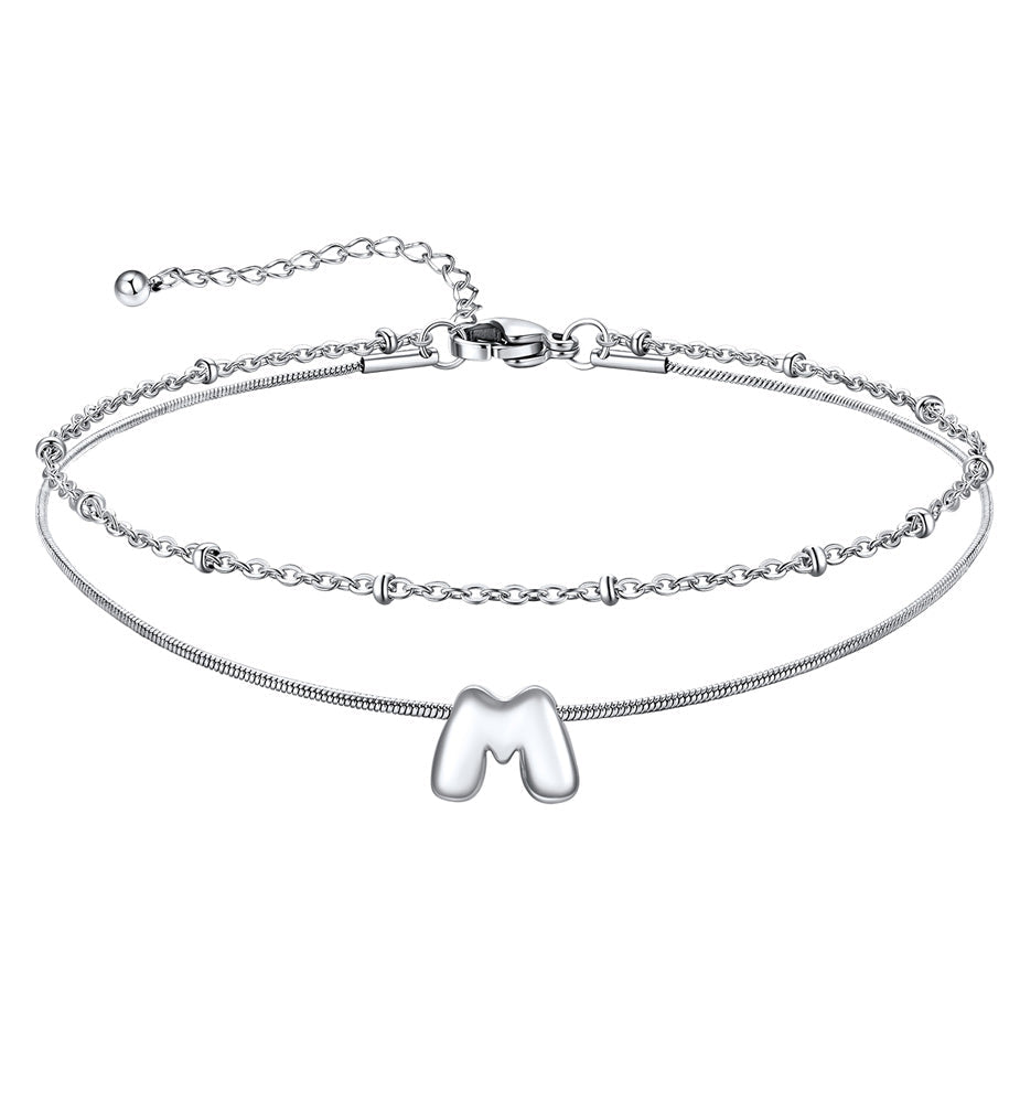Layered Chain With Beads Bubble Initial Anklets for Mom Gift