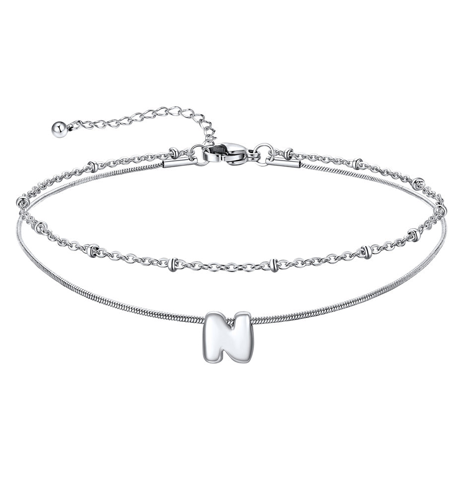 Layered Chain With Beads Bubble Initial Anklets for Mom Gift