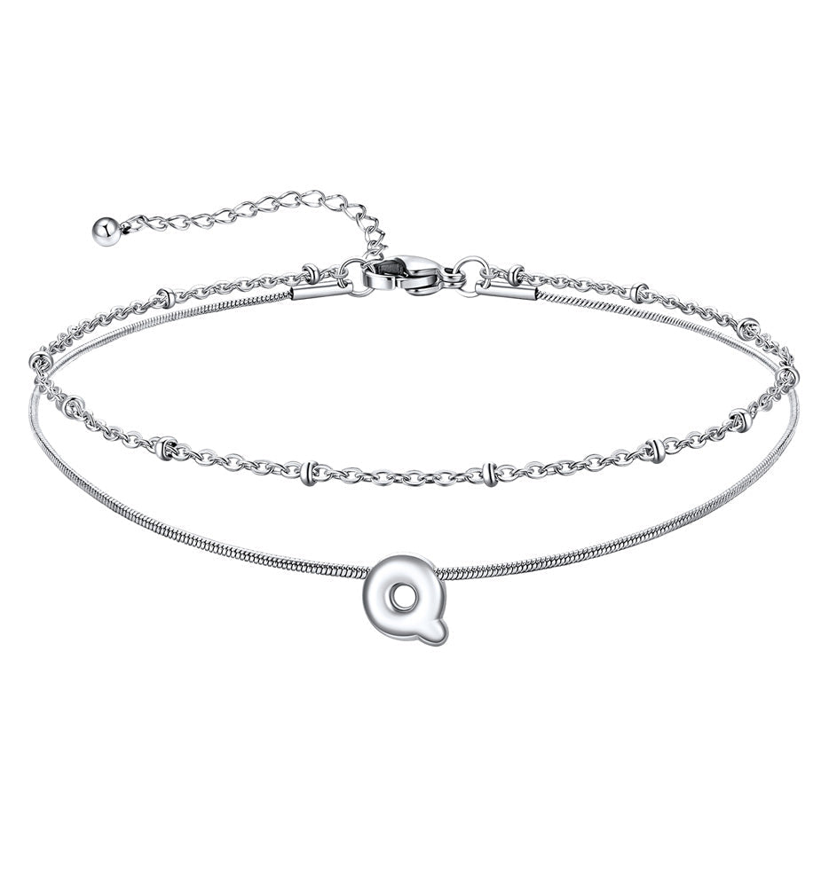 Layered Chain With Beads Bubble Initial Anklets for Mom Gift