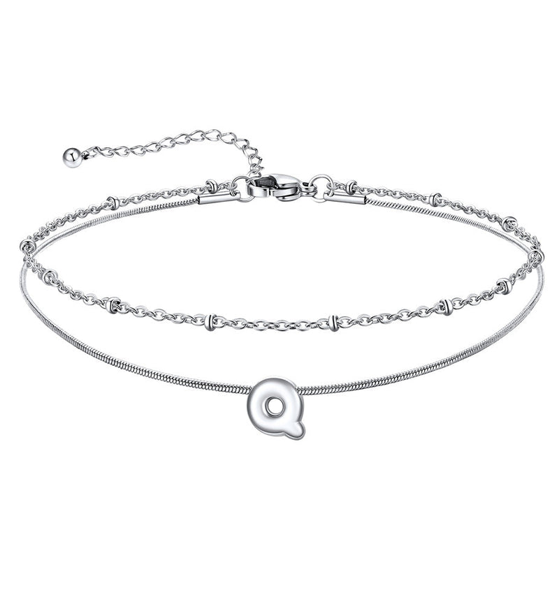 Layered Chain With Beads Bubble Initial Anklets for Mom Gift