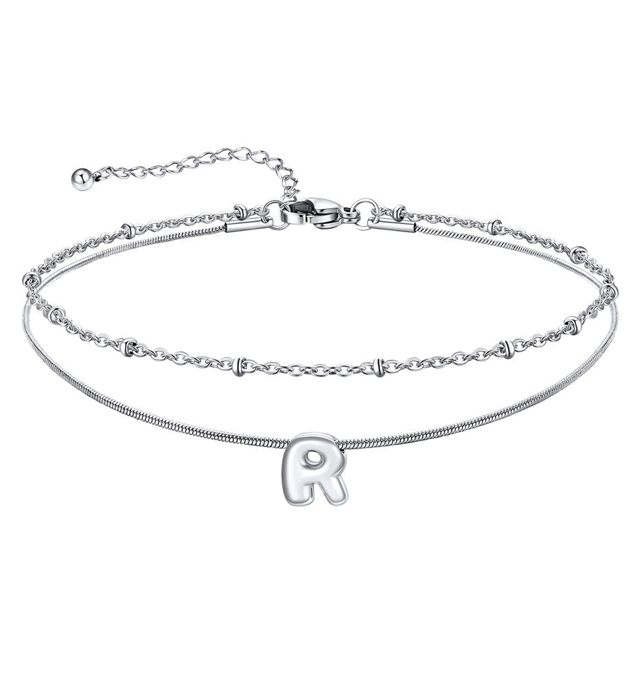 Layered Chain With Beads Bubble Initial Anklets for Mom Gift