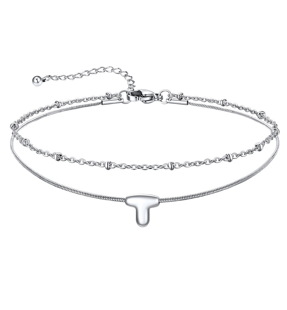 Layered Chain With Beads Bubble Initial Anklets for Mom Gift