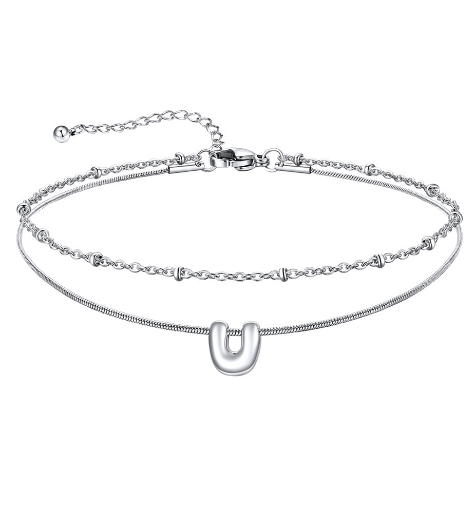 Layered Chain With Beads Bubble Initial Anklets for Mom Gift