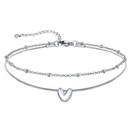 Layered Chain With Beads Bubble Initial Anklets for Mom Gift