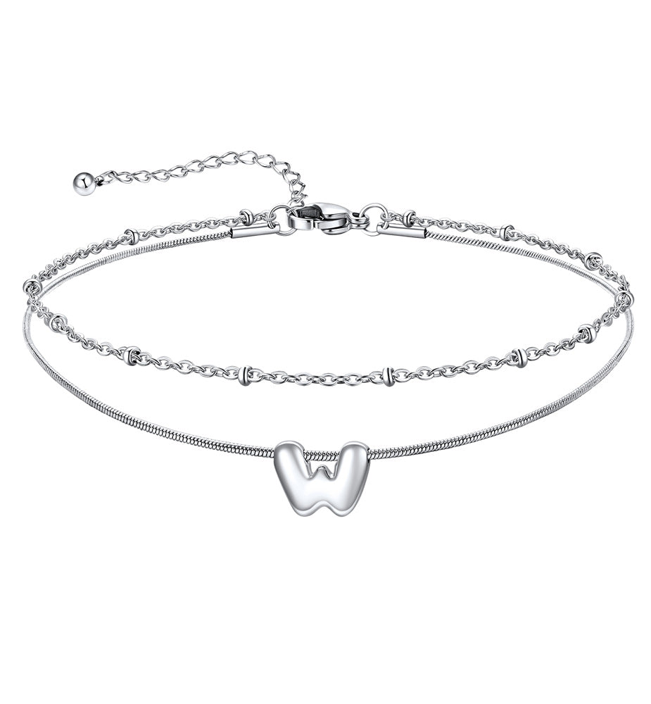 Layered Chain With Beads Bubble Initial Anklets for Mom Gift