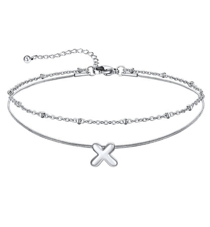Layered Chain With Beads Bubble Initial Anklets for Mom Gift