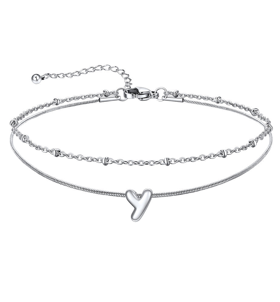 Layered Chain With Beads Bubble Initial Anklets for Mom Gift