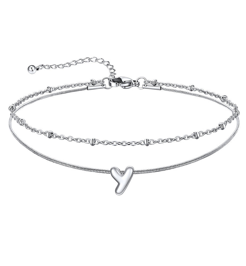 Layered Chain With Beads Bubble Initial Anklets for Mom Gift