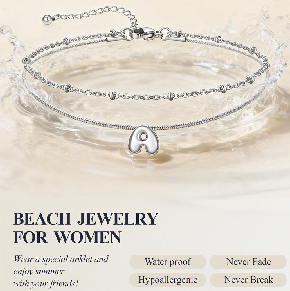Layered Chain With Beads Bubble Initial Anklets for Mom Gift
