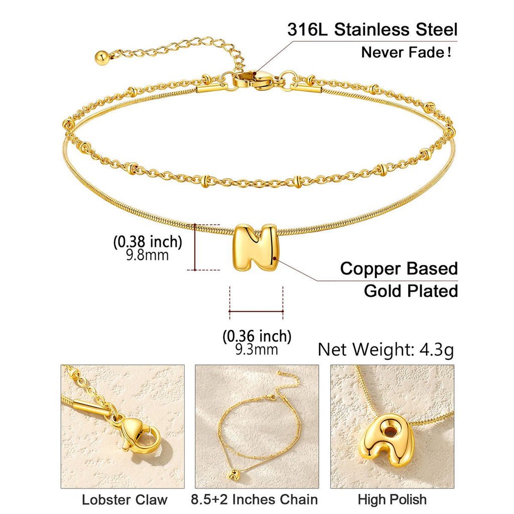 Layered Chain With Beads Bubble Initial Anklets for Mom Gift