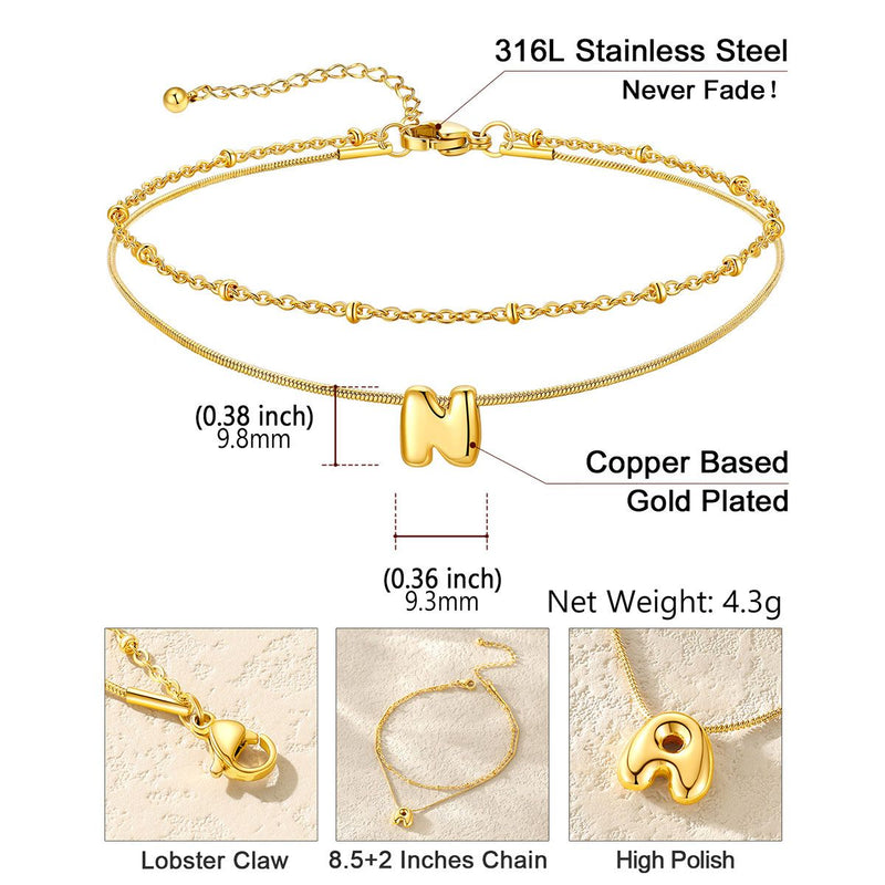 Layered Chain With Beads Bubble Initial Anklets for Mom Gift