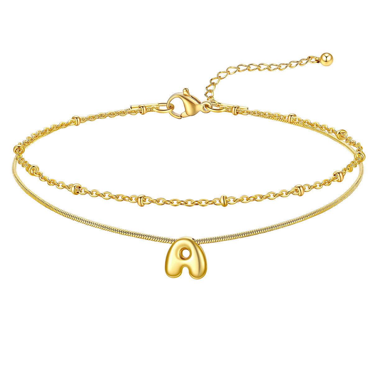 Layered Chain With Beads Bubble Initial Anklets for Mom Gift