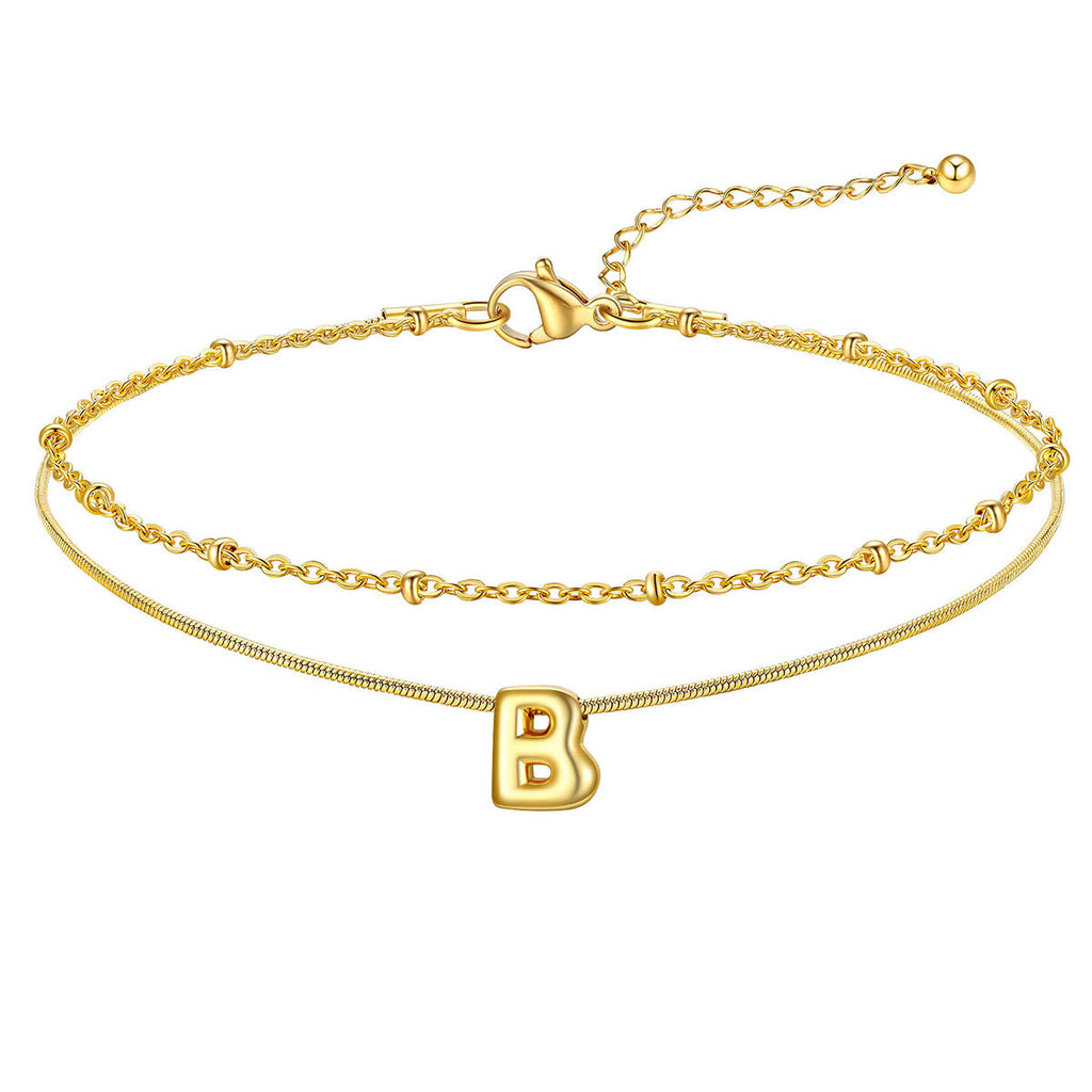 Layered Chain With Beads Bubble Initial Anklets for Mom Gift