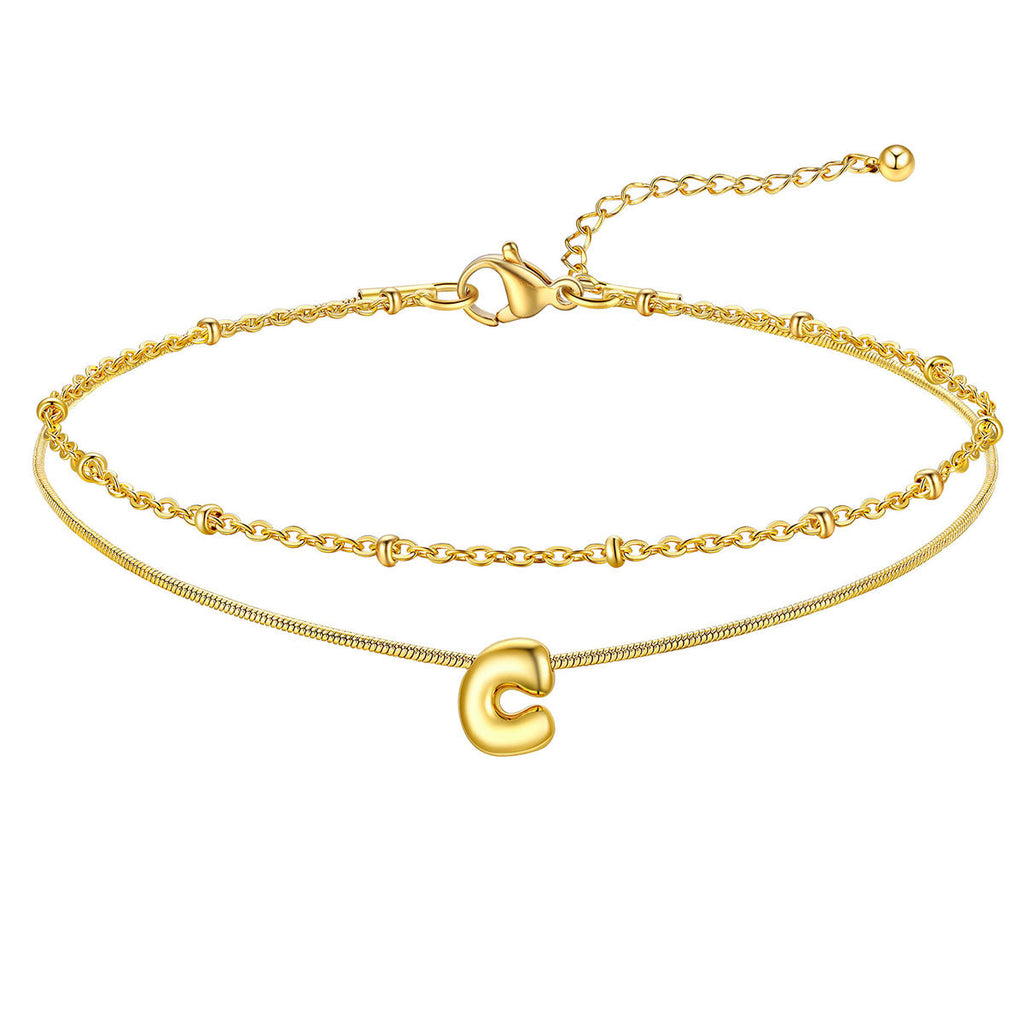 Layered Chain With Beads Bubble Initial Anklets for Mom Gift