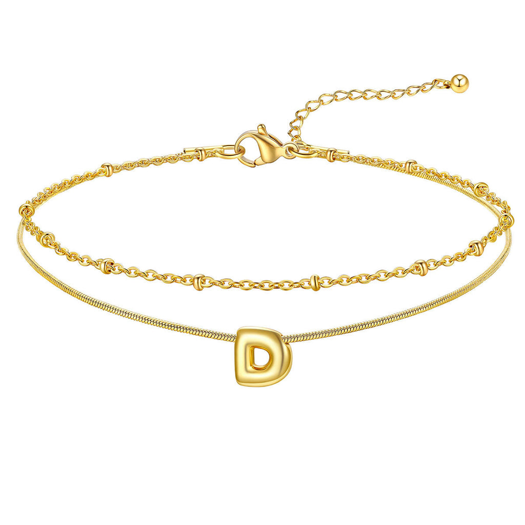 Layered Chain With Beads Bubble Initial Anklets for Mom Gift