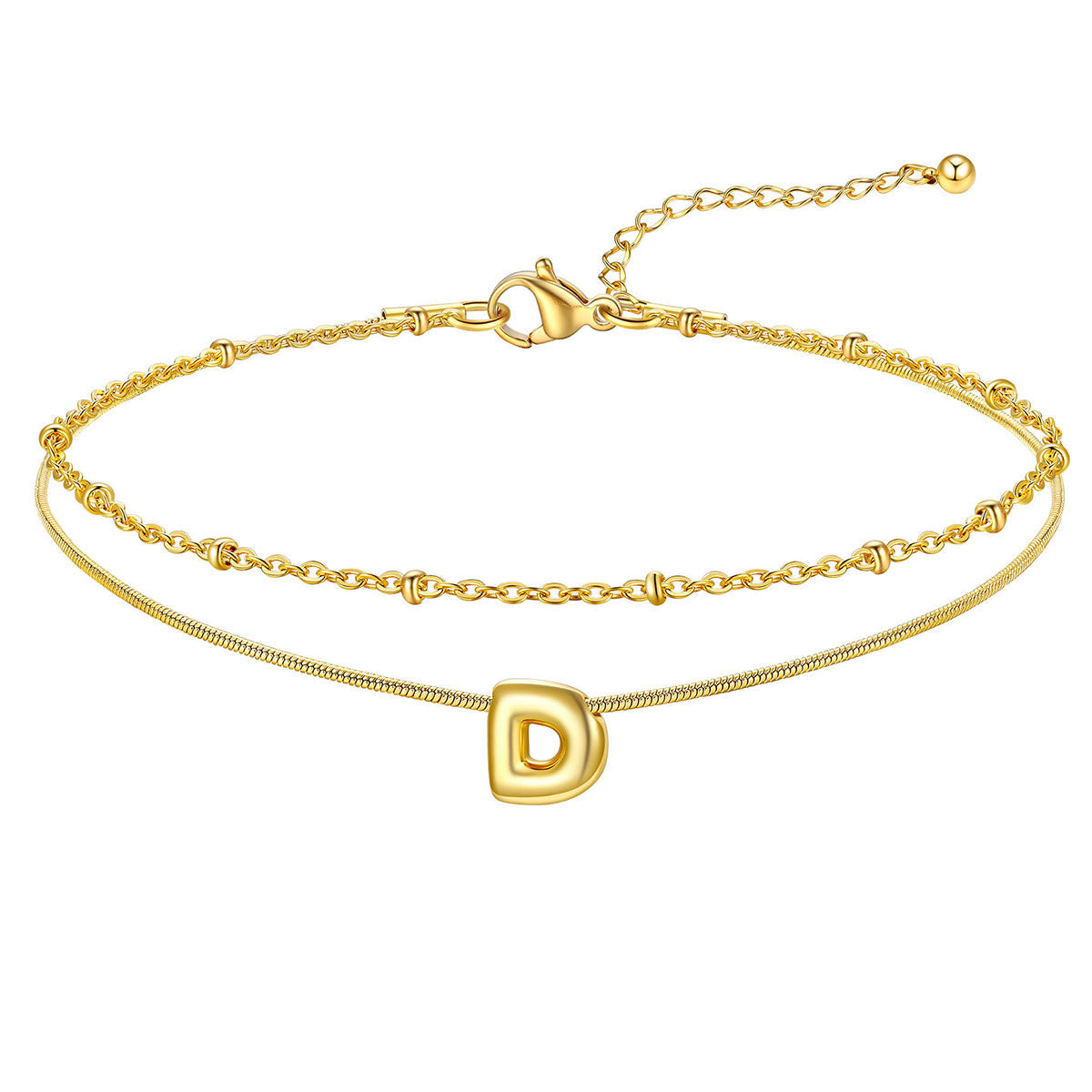 Layered Chain With Beads Bubble Initial Anklets for Mom Gift