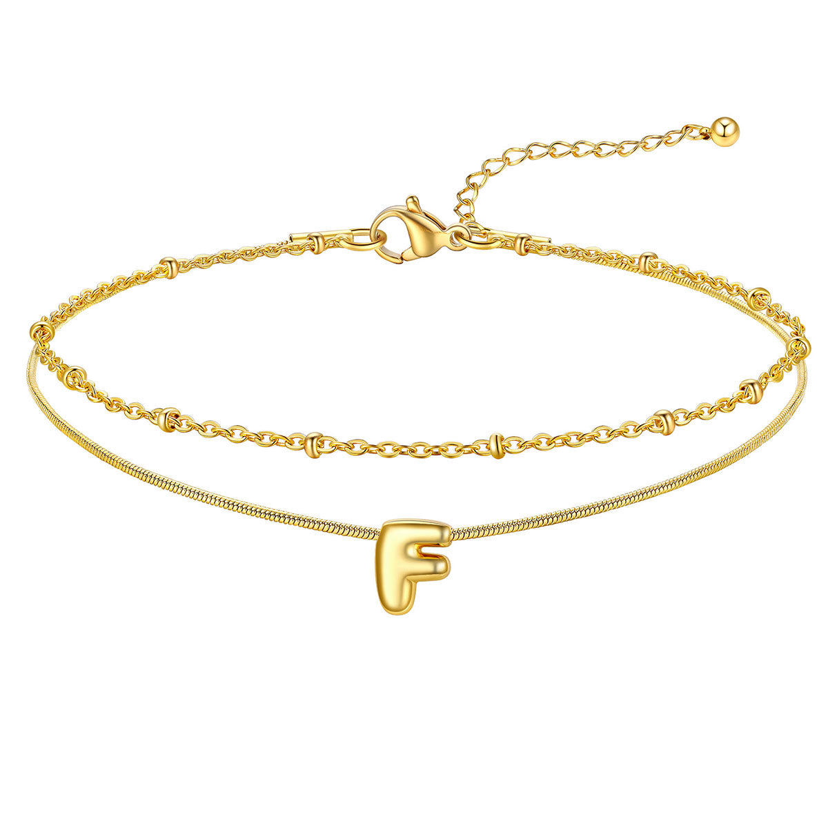 Layered Chain With Beads Bubble Initial Anklets for Mom Gift
