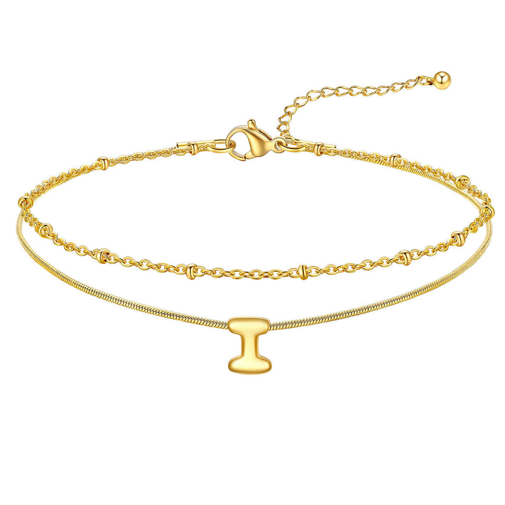 Layered Chain With Beads Bubble Initial Anklets for Mom Gift